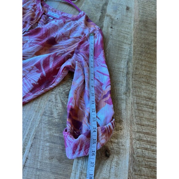 Kim Rogers Women's Pink Hawaiian Banana Leaf Henley Blouse Roll Tab Large - Picture 9 of 9